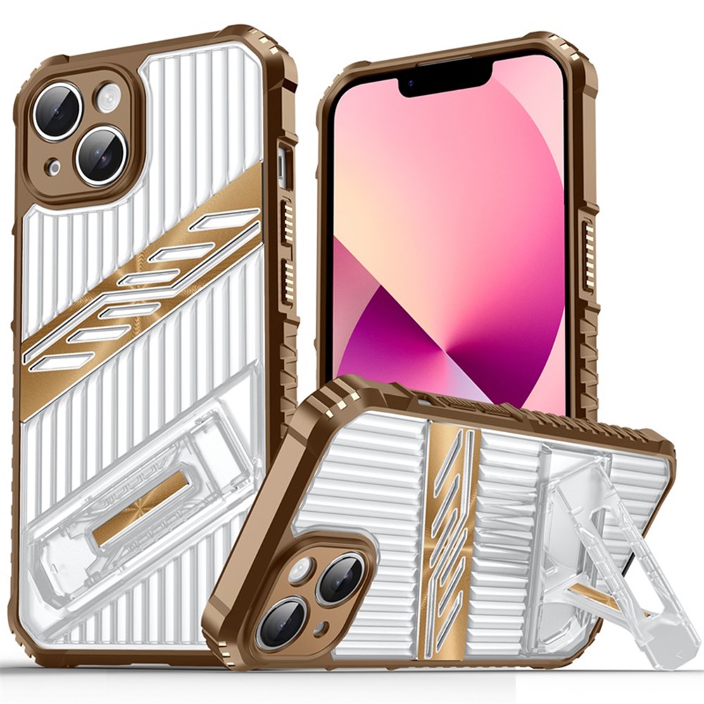 For iPhone 13 Case Folding Kickstand PC + TPU Anti Drop Phone Cover - Desert Gold