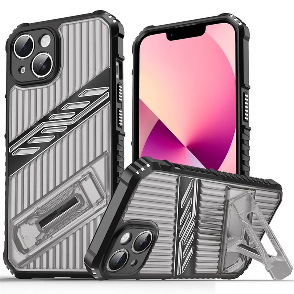 For iPhone 13 Case Folding Kickstand PC + TPU Anti Drop Phone Cover - Black  /  Grey