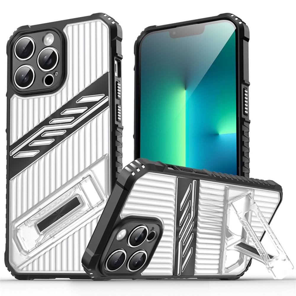 For iPhone 13 Pro Case Folding Kickstand PC + TPU Anti Drop Phone Cover - Transparent Black