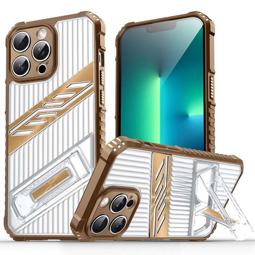 For iPhone 13 Pro Case Folding Kickstand PC + TPU Anti Drop Phone Cover - Desert Gold