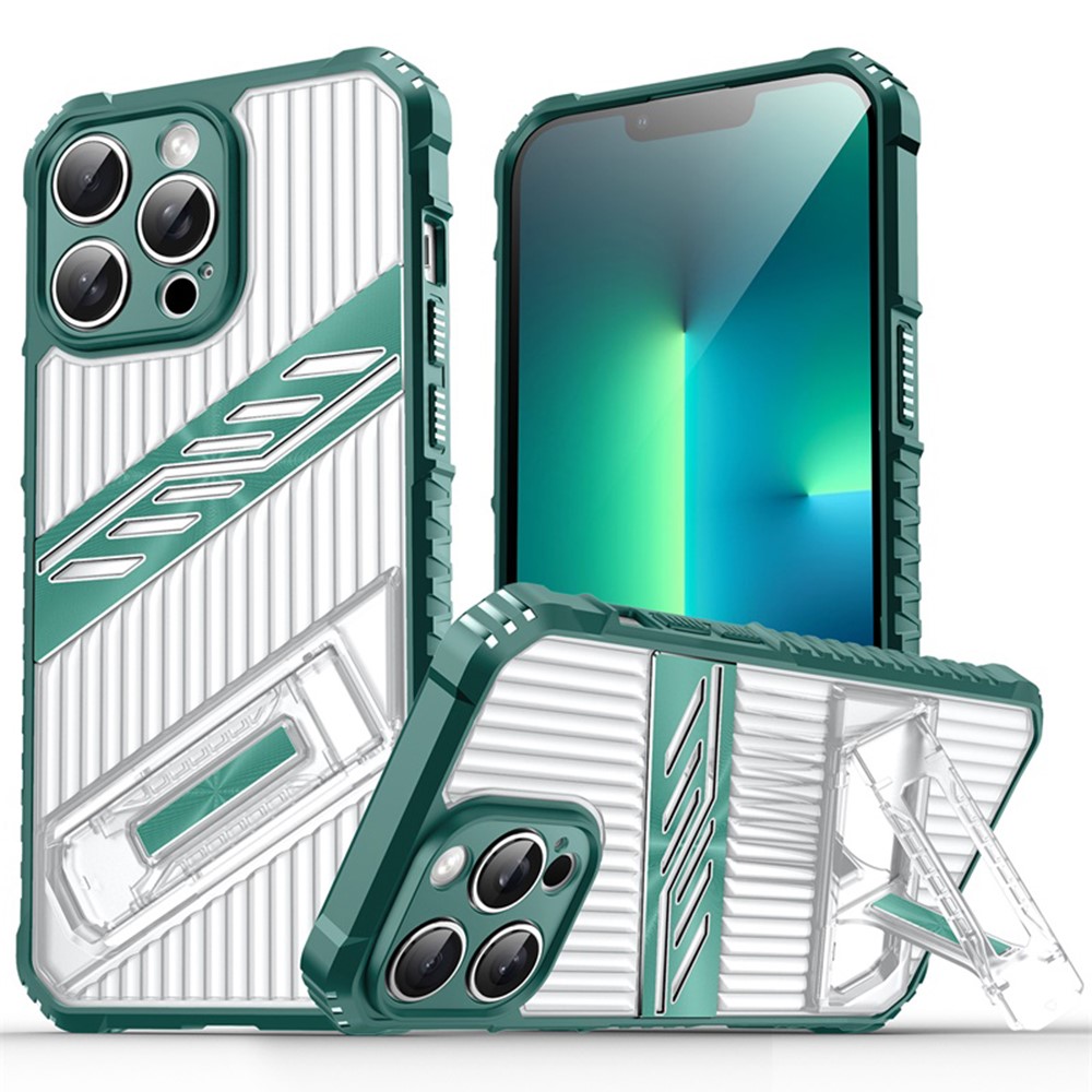 For iPhone 13 Pro Case Folding Kickstand PC + TPU Anti Drop Phone Cover - Dark Green