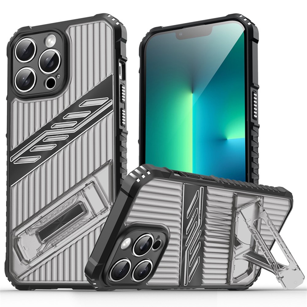 For iPhone 13 Pro Case Folding Kickstand PC + TPU Anti Drop Phone Cover - Black  /  Grey