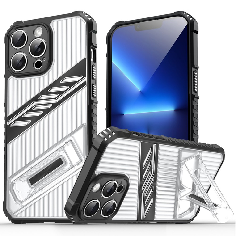 For iPhone 13 Pro Max Case Folding Kickstand PC + TPU Anti Drop Phone Cover - Transparent Black
