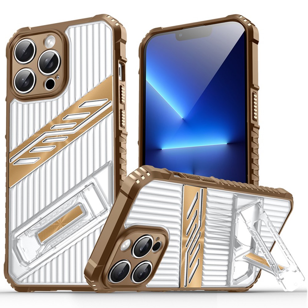 For iPhone 13 Pro Max Case Folding Kickstand PC + TPU Anti Drop Phone Cover - Desert Gold