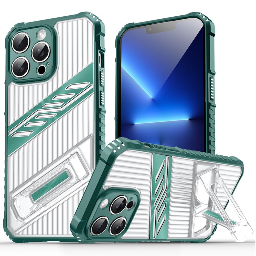 For iPhone 13 Pro Max Case Folding Kickstand PC + TPU Anti Drop Phone Cover - Dark Green