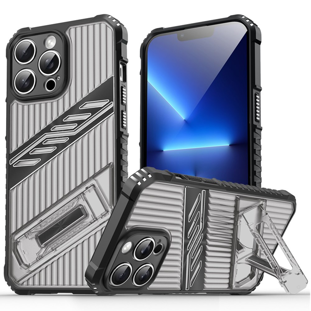 For iPhone 13 Pro Max Case Folding Kickstand PC + TPU Anti Drop Phone Cover - Black  /  Grey