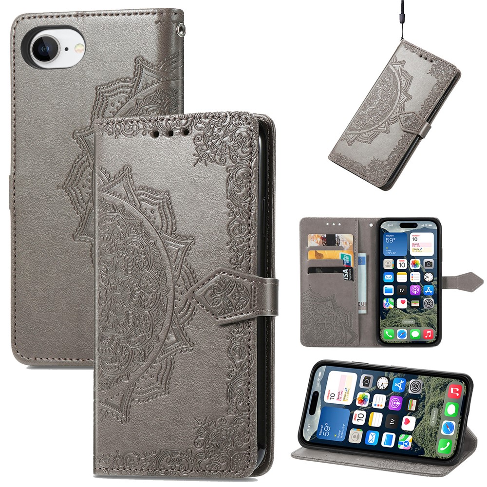 For iPhone 16e Wallet Case Mandala Flower Leather Phone Cover Stand - Grey