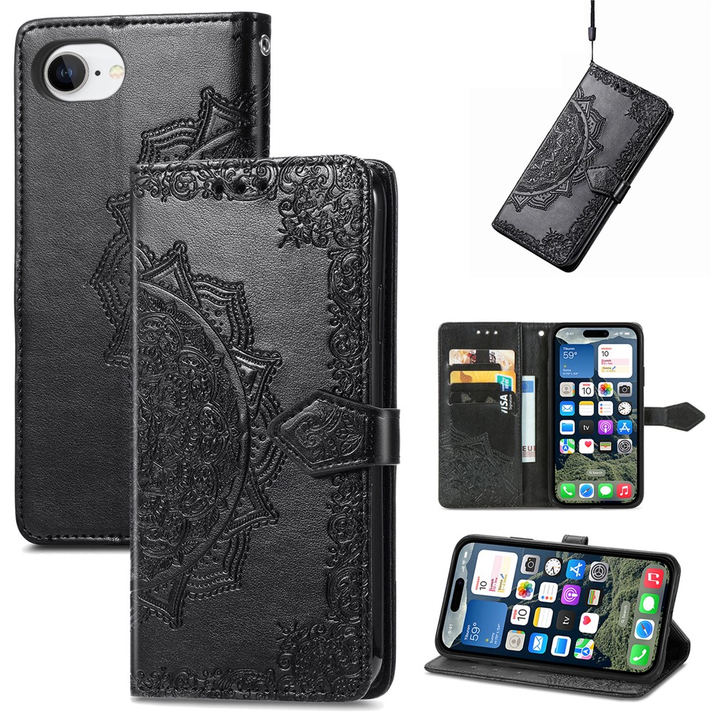 For iPhone 16e Wallet Case Mandala Flower Leather Phone Cover Stand - Black