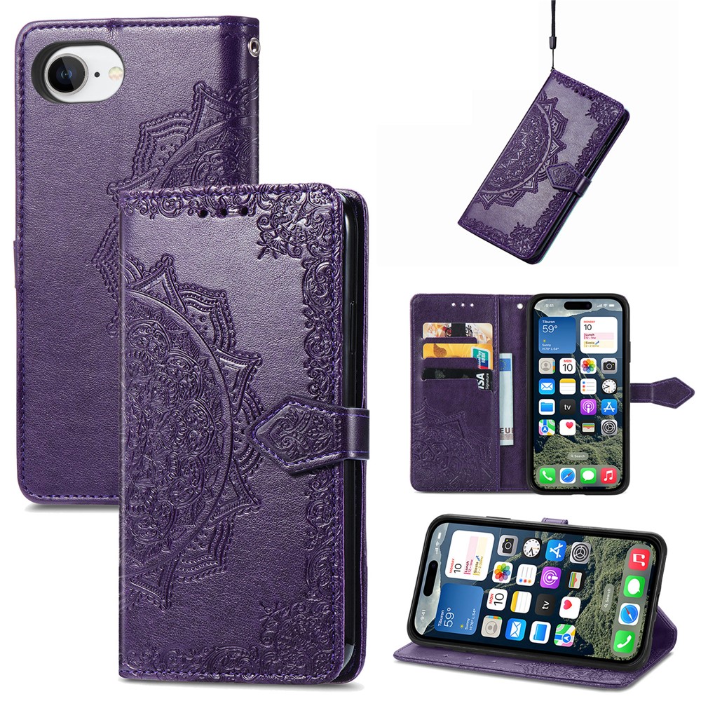 For iPhone 16e Wallet Case Mandala Flower Leather Phone Cover Stand - Purple