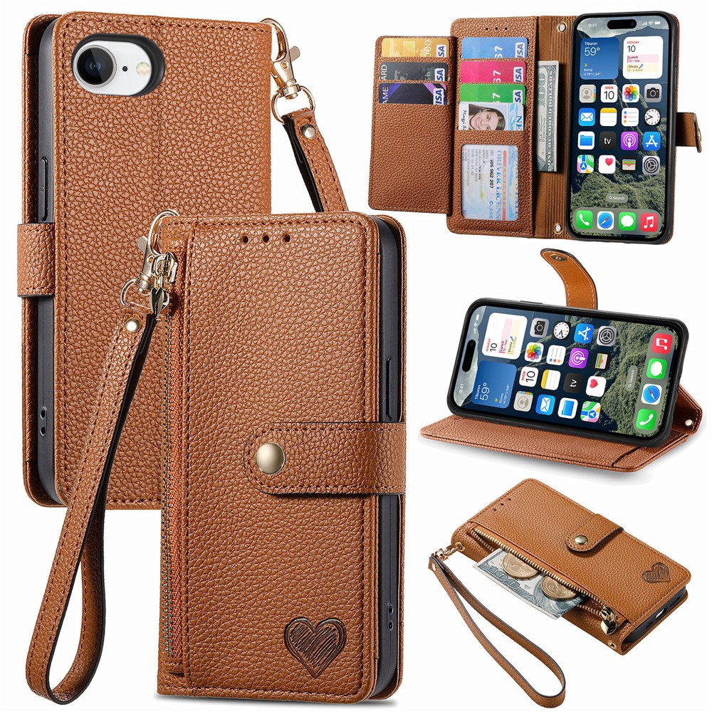For iPhone 16e Case RFID Blocking Zipper Pocket Leather Wallet Phone Cover with Strap - Brown
