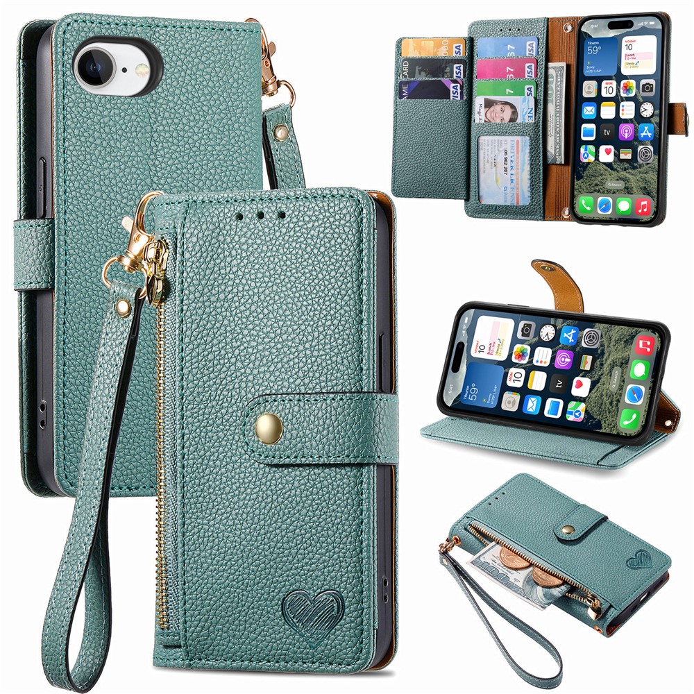 For iPhone 16e Case RFID Blocking Zipper Pocket Leather Wallet Phone Cover with Strap - Green