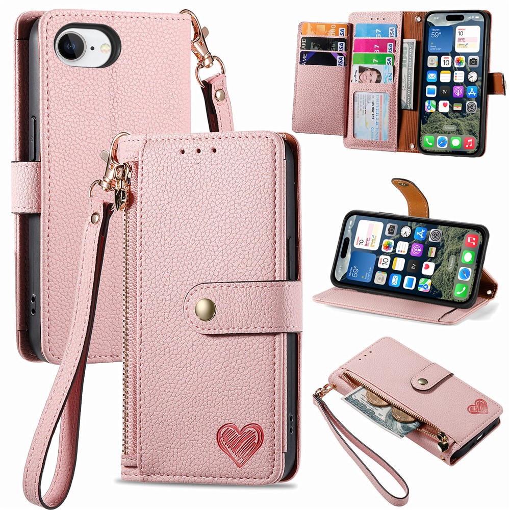 For iPhone 16e Case RFID Blocking Zipper Pocket Leather Wallet Phone Cover with Strap - Pink