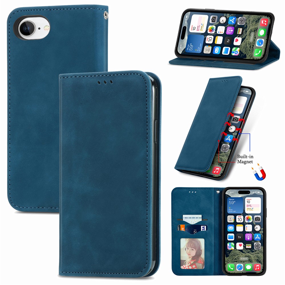 For iPhone 16e Leather Case with Card Holder Magnetic Absorption Phone Cover - Dark Blue