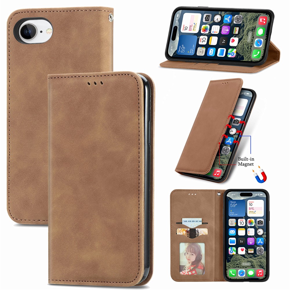 For iPhone 16e Leather Case with Card Holder Magnetic Absorption Phone Cover - Brown