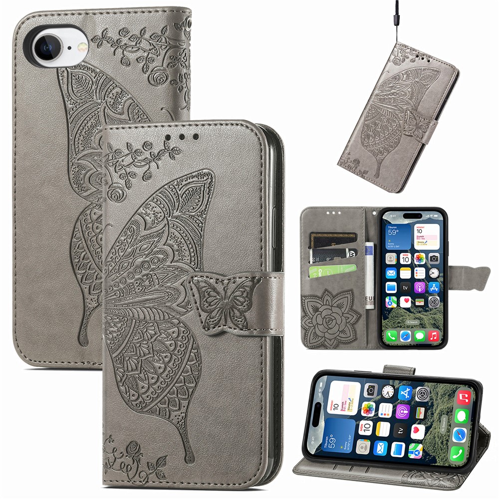 For iPhone 16e Case with Strap Butterfly Pattern PU Leather Wallet Phone Cover - Grey