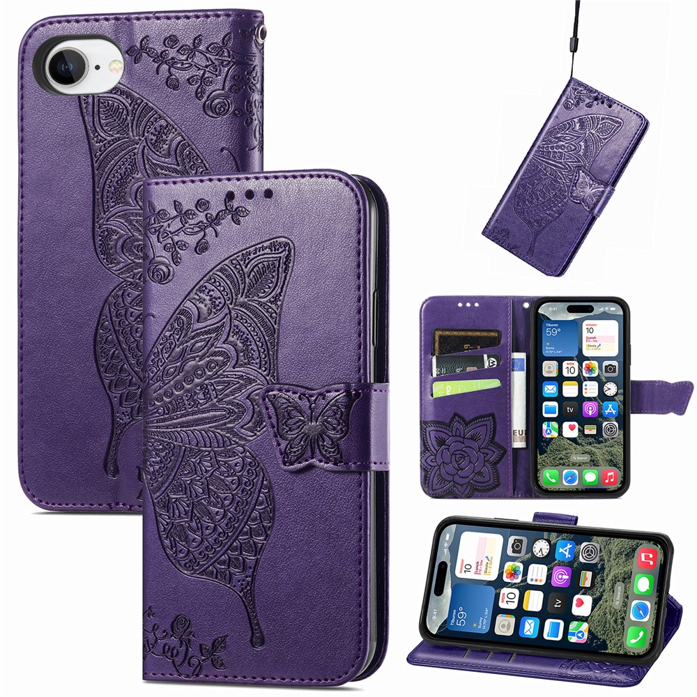 For iPhone 16e Case with Strap Butterfly Pattern PU Leather Wallet Phone Cover - Dark Purple
