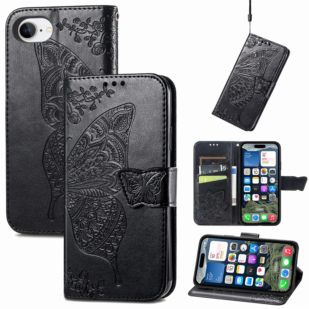 For iPhone 16e Case with Strap Butterfly Pattern PU Leather Wallet Phone Cover - Black