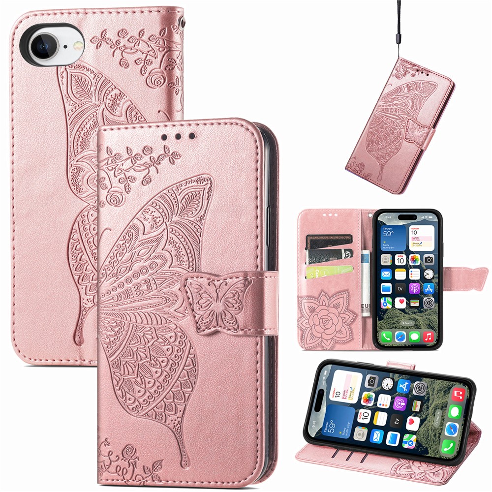 For iPhone 16e Case with Strap Butterfly Pattern PU Leather Wallet Phone Cover - Rose Gold