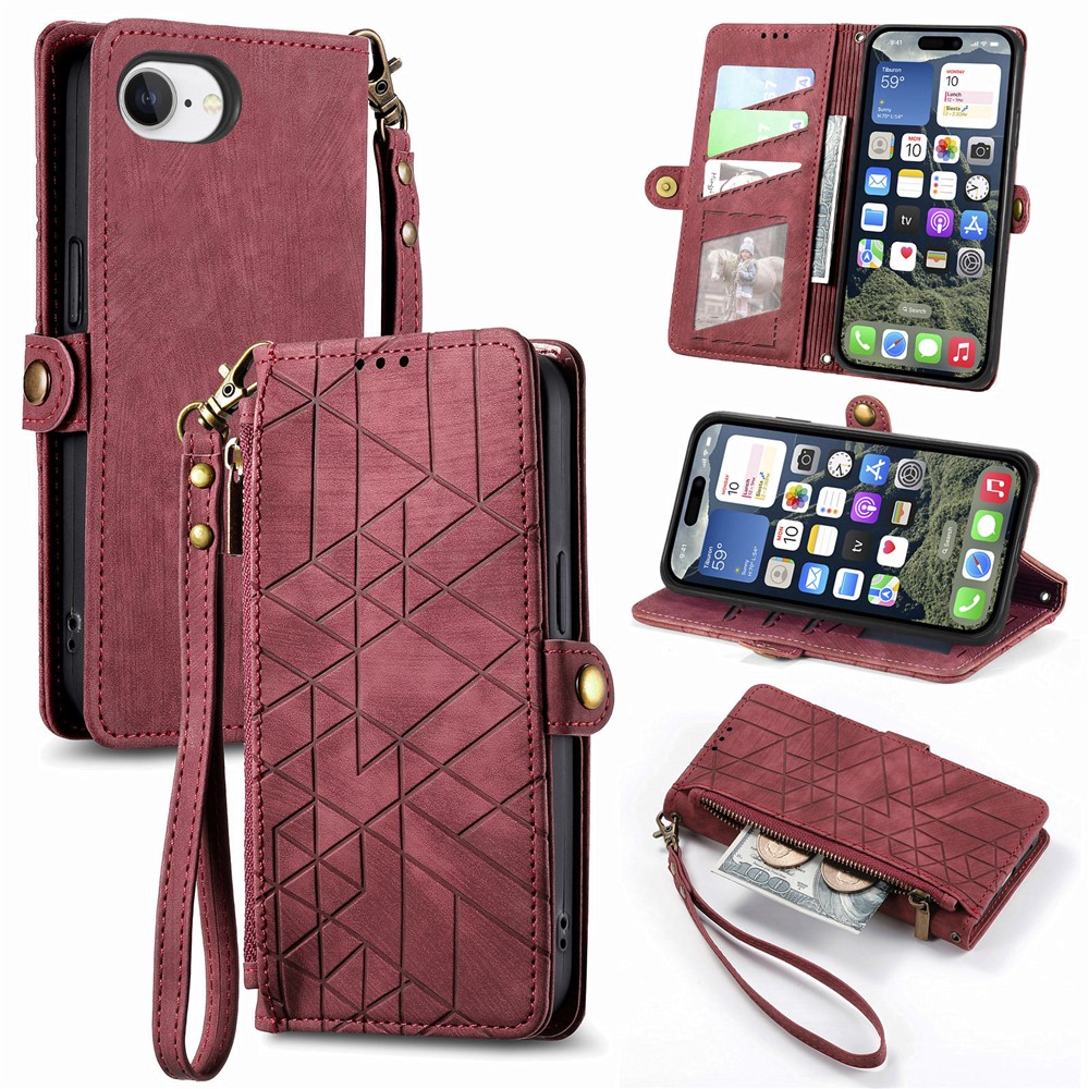For iPhone 16e Zipper Wallet Case Geometry Lines Leather Phone Cover with Strap - Red