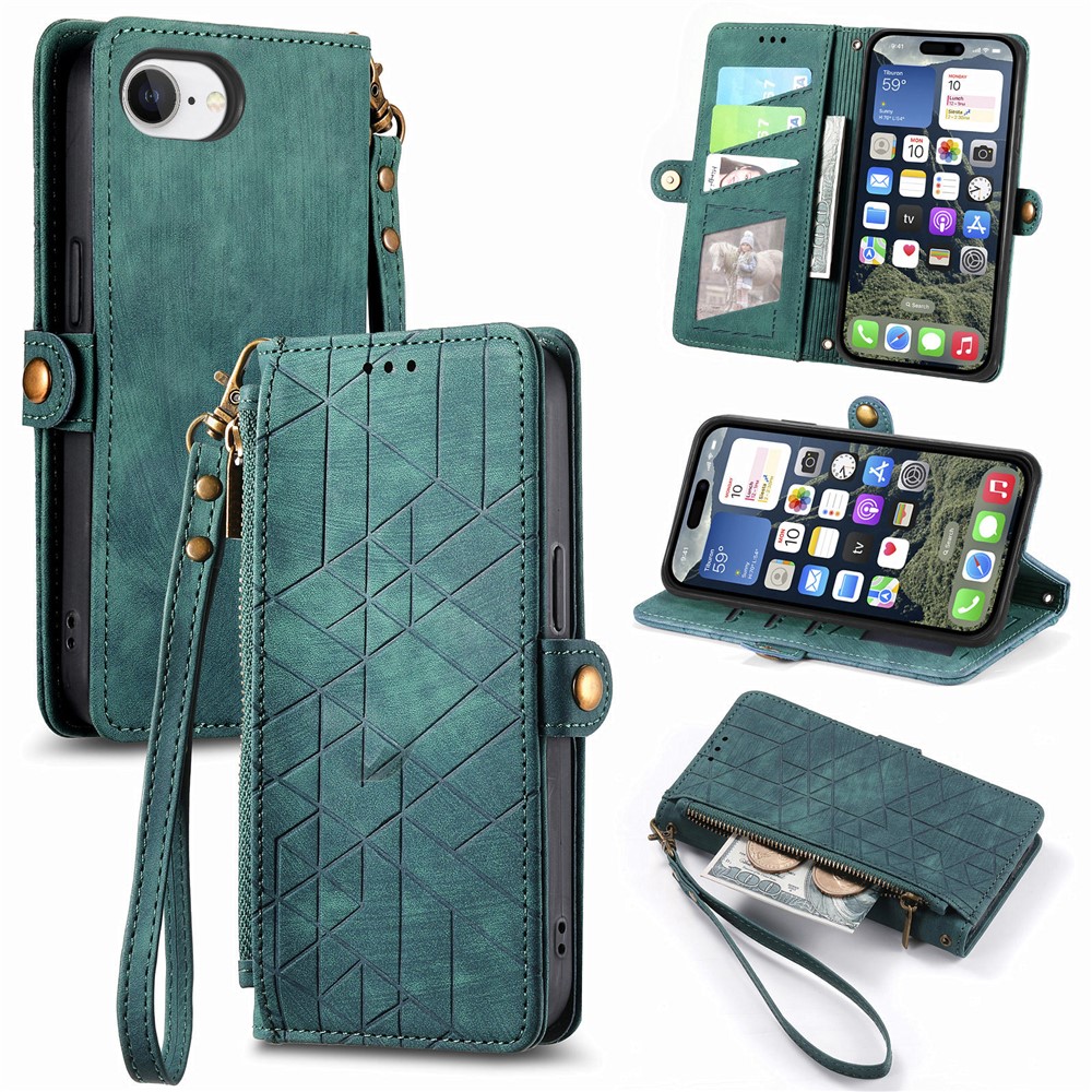 For iPhone 16e Zipper Wallet Case Geometry Lines Leather Phone Cover with Strap - Green