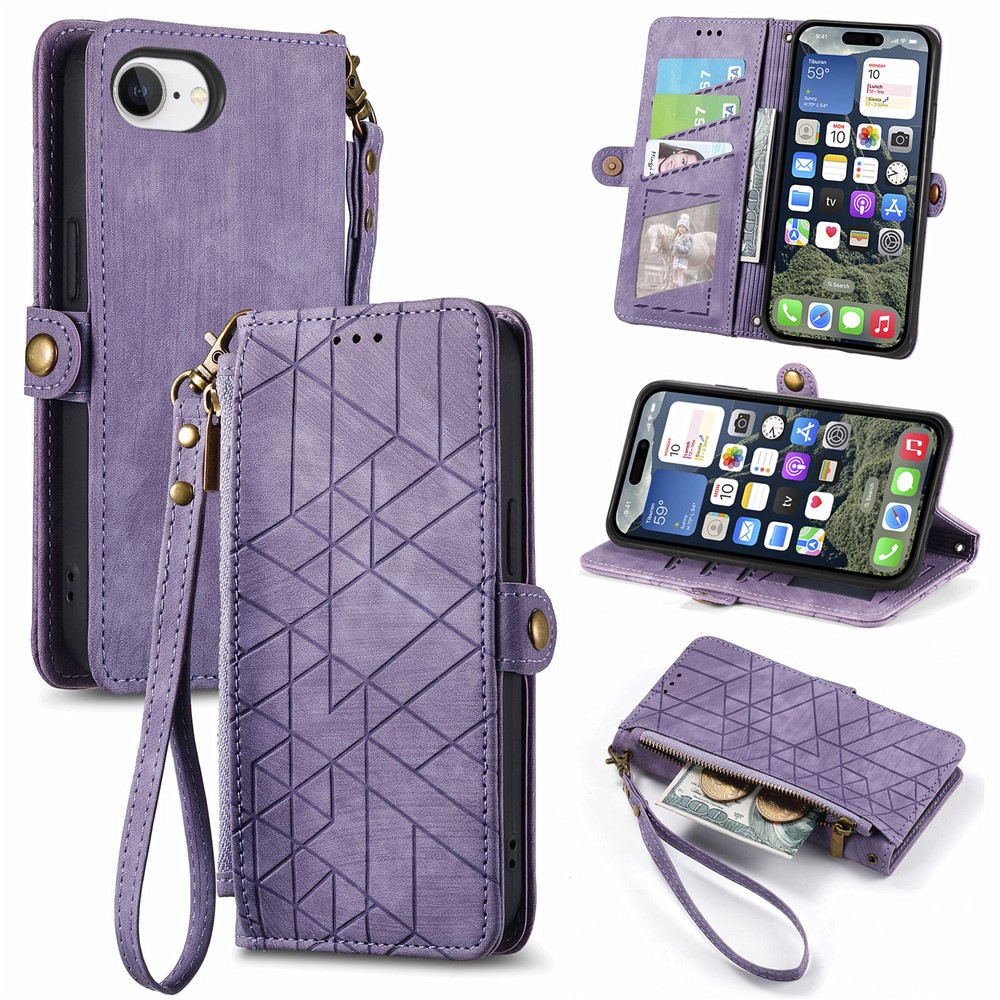 For iPhone 16e Zipper Wallet Case Geometry Lines Leather Phone Cover with Strap - Light Purple