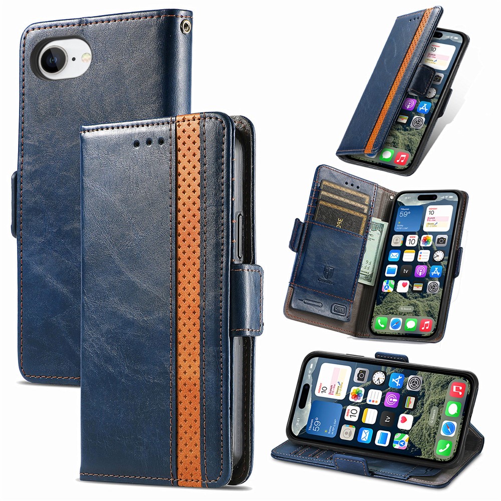 For iPhone 16e Phone Cases CASENEO PU Leather Cover Stand with RFID Blocking Wallet - Dark Blue