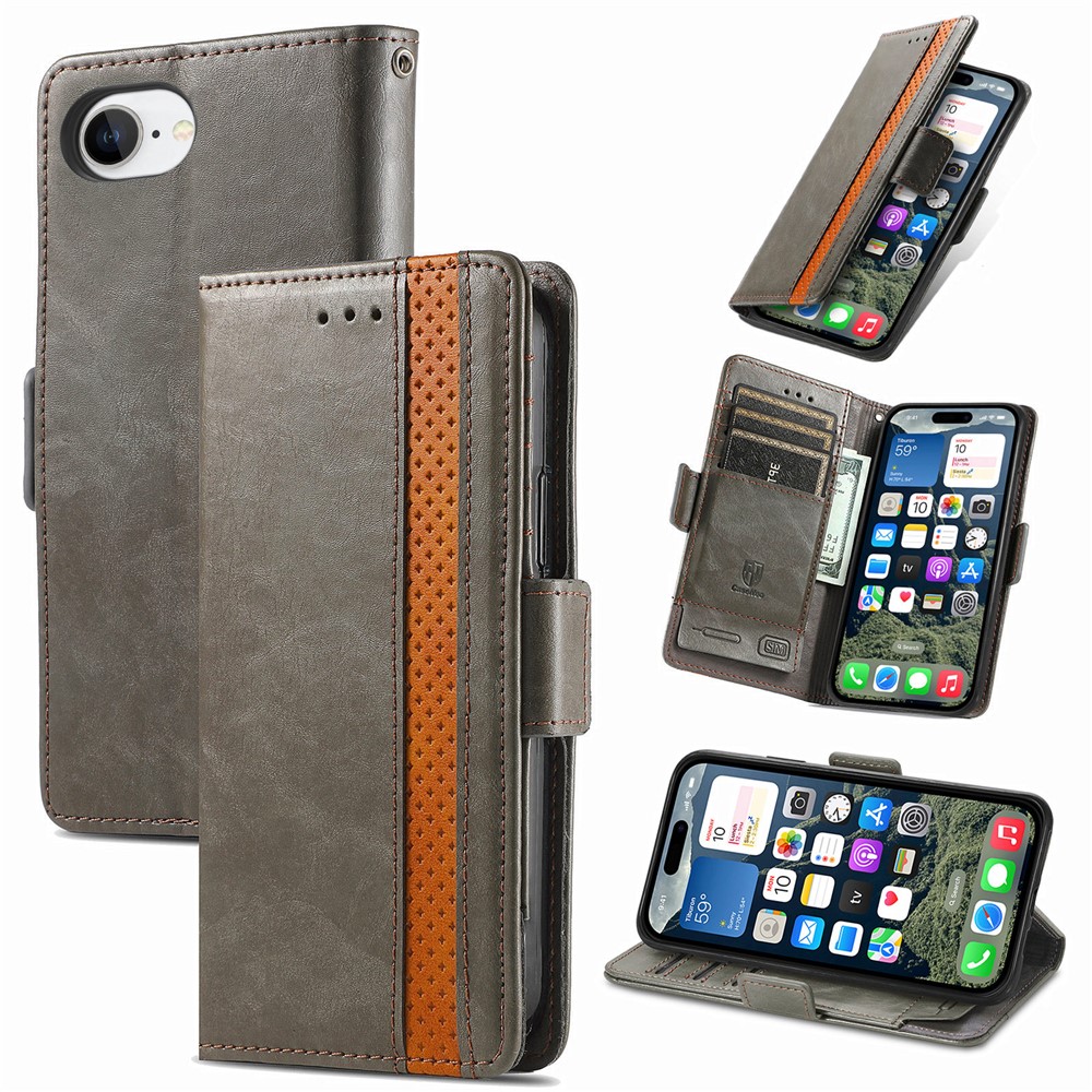 For iPhone 16e Phone Cases CASENEO PU Leather Cover Stand with RFID Blocking Wallet - Grey