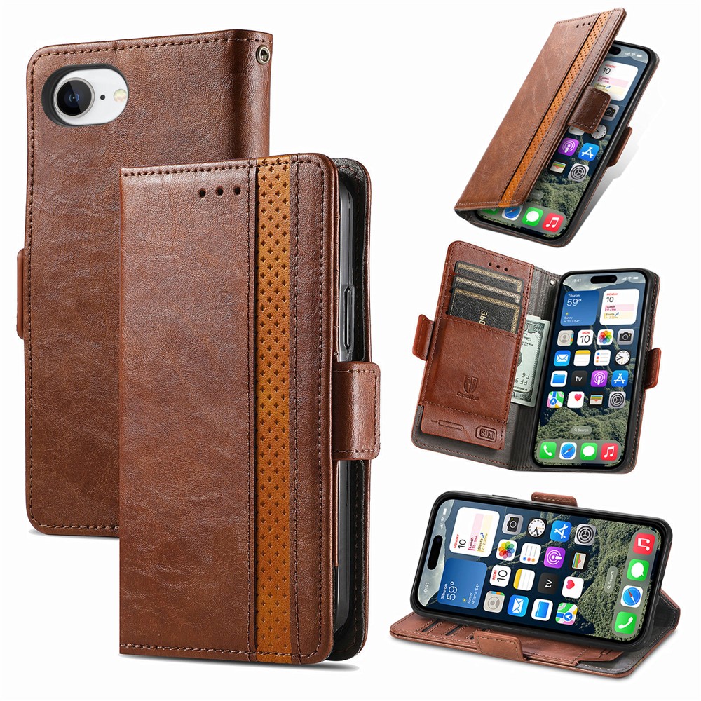 For iPhone 16e Phone Cases CASENEO PU Leather Cover Stand with RFID Blocking Wallet - Dark Brown