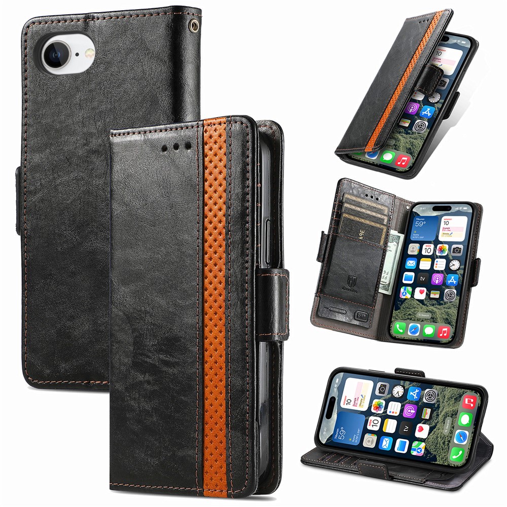 For iPhone 16e Phone Cases CASENEO PU Leather Cover Stand with RFID Blocking Wallet - Black