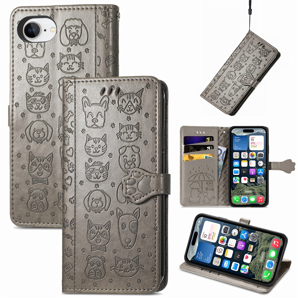 For iPhone 16e Leather Wallet Case Flip Phone Cover with Cute Cat Dog Pattern - Grey