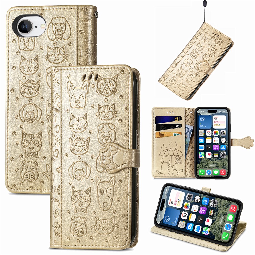 For iPhone 16e Leather Wallet Case Flip Phone Cover with Cute Cat Dog Pattern - Gold