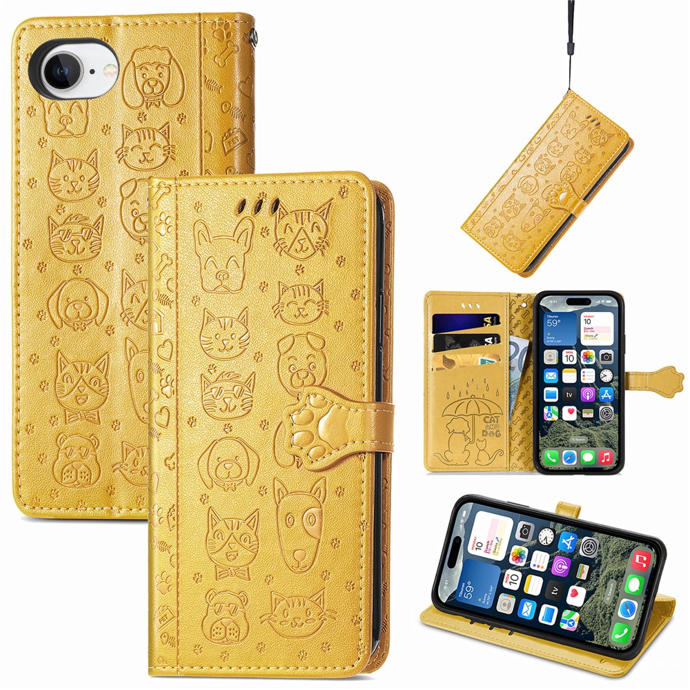 For iPhone 16e Leather Wallet Case Flip Phone Cover with Cute Cat Dog Pattern - Yellow