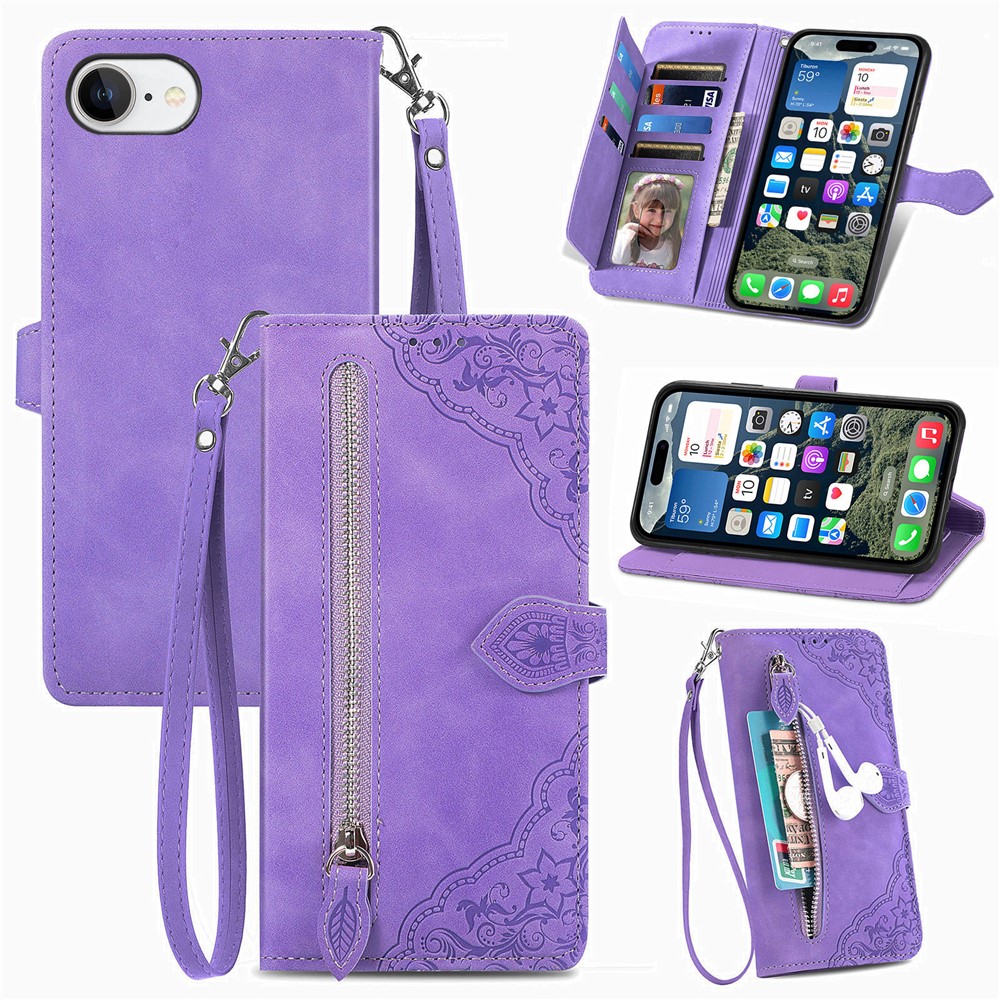 For iPhone 16e Zipper Wallet Case with Strap Flower Imprint PU Leather Phone Cover - Light Purple