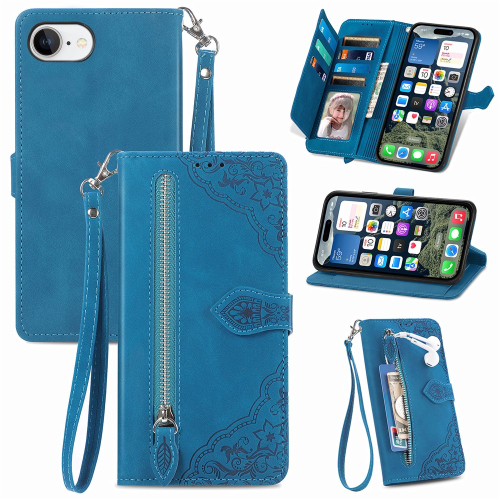 For iPhone 16e Zipper Wallet Case with Strap Flower Imprint PU Leather Phone Cover - Blue