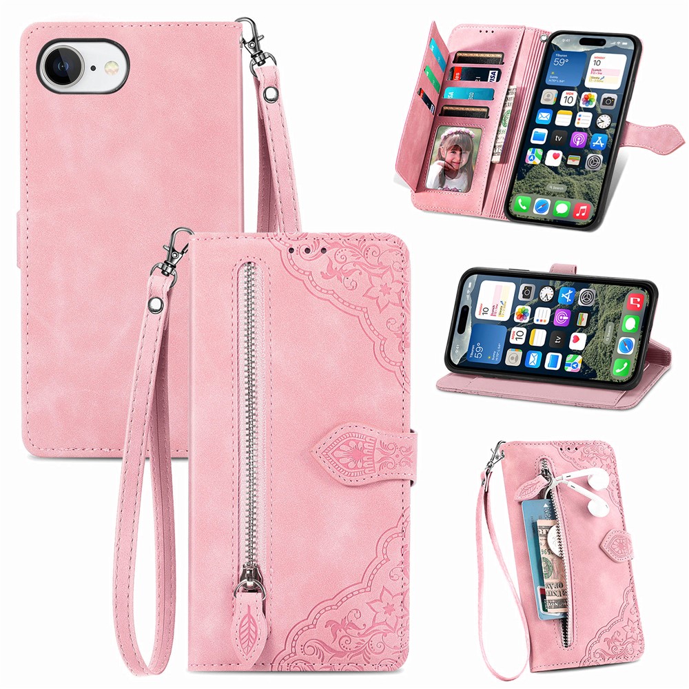 For iPhone 16e Zipper Wallet Case with Strap Flower Imprint PU Leather Phone Cover - Pink