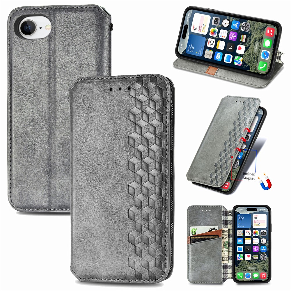 For iPhone 16e PU Leather Case Rhombus Imprint Wallet Stand Phone Cover - Grey
