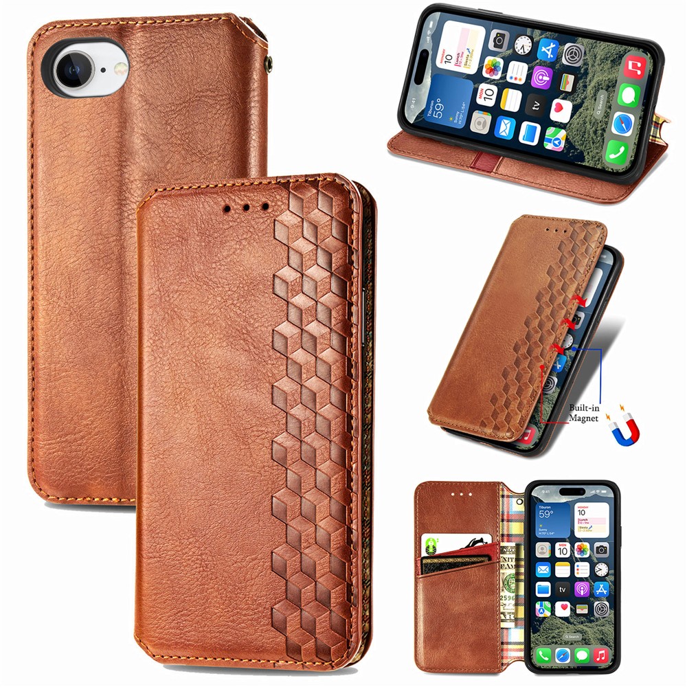 For iPhone 16e PU Leather Case Rhombus Imprint Wallet Stand Phone Cover - Brown