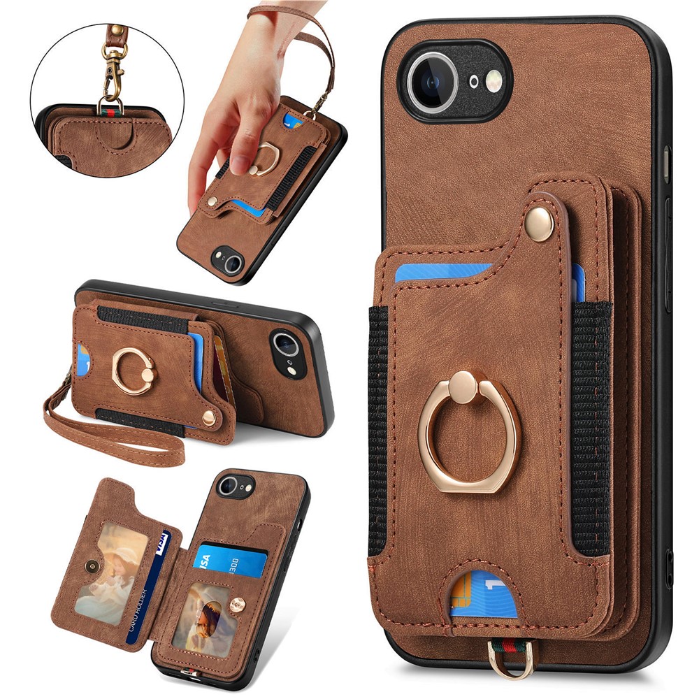 For iPhone 16e Retro PU Leather Back Cover with RFID Blocking Card Holder - Brown