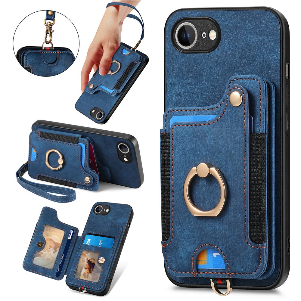 For iPhone 16e Retro PU Leather Back Cover with RFID Blocking Card Holder - Blue