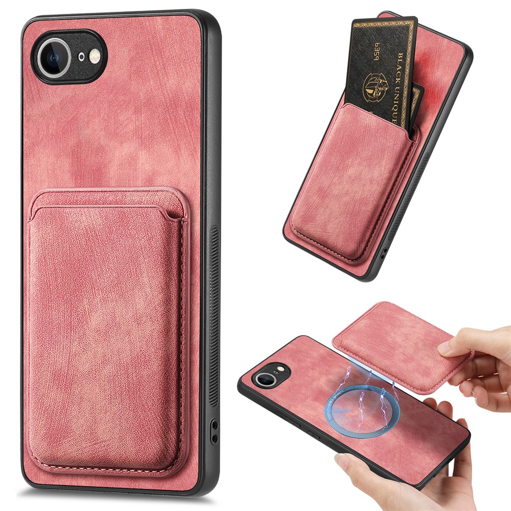 For iPhone 16e Case Compatible with MagSafe Leather Back Cover with Detachable Card Holder - Pink