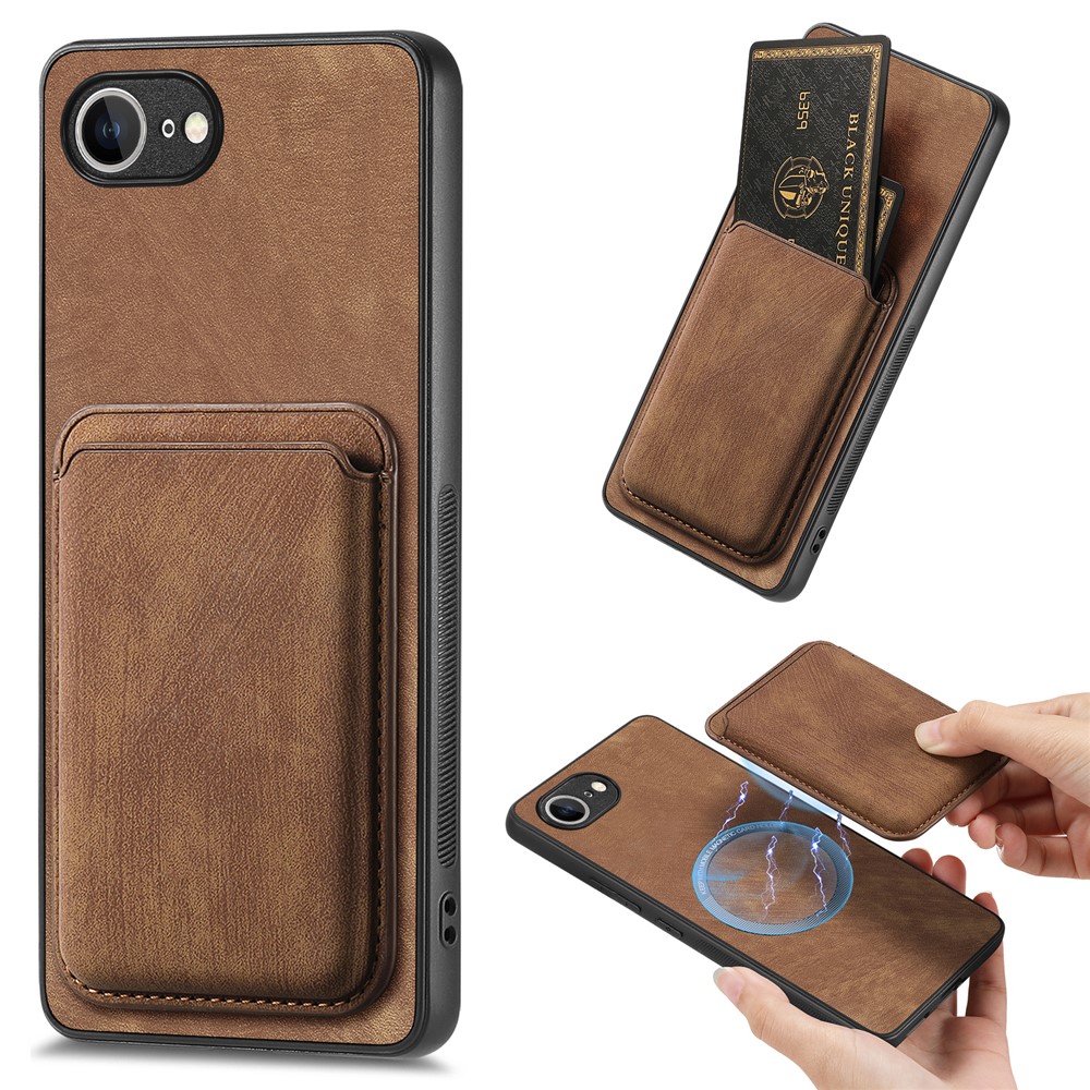 For iPhone 16e Case Compatible with MagSafe Leather Back Cover with Detachable Card Holder - Brown