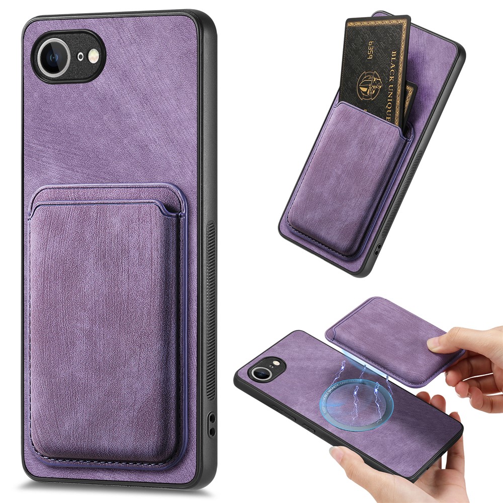 For iPhone 16e Case Compatible with MagSafe Leather Back Cover with Detachable Card Holder - Purple