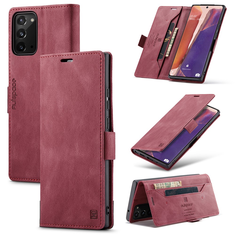 AUTSPACE For Samsung Galaxy Note20 Wallet Case  A01 Leather Stand Cover with RFID Blocking Card Holder - Red