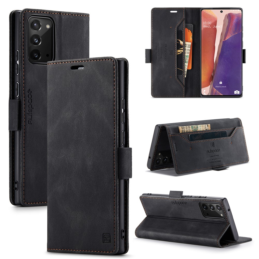 AUTSPACE For Samsung Galaxy Note20 Wallet Case  A01 Leather Stand Cover with RFID Blocking Card Holder - Black