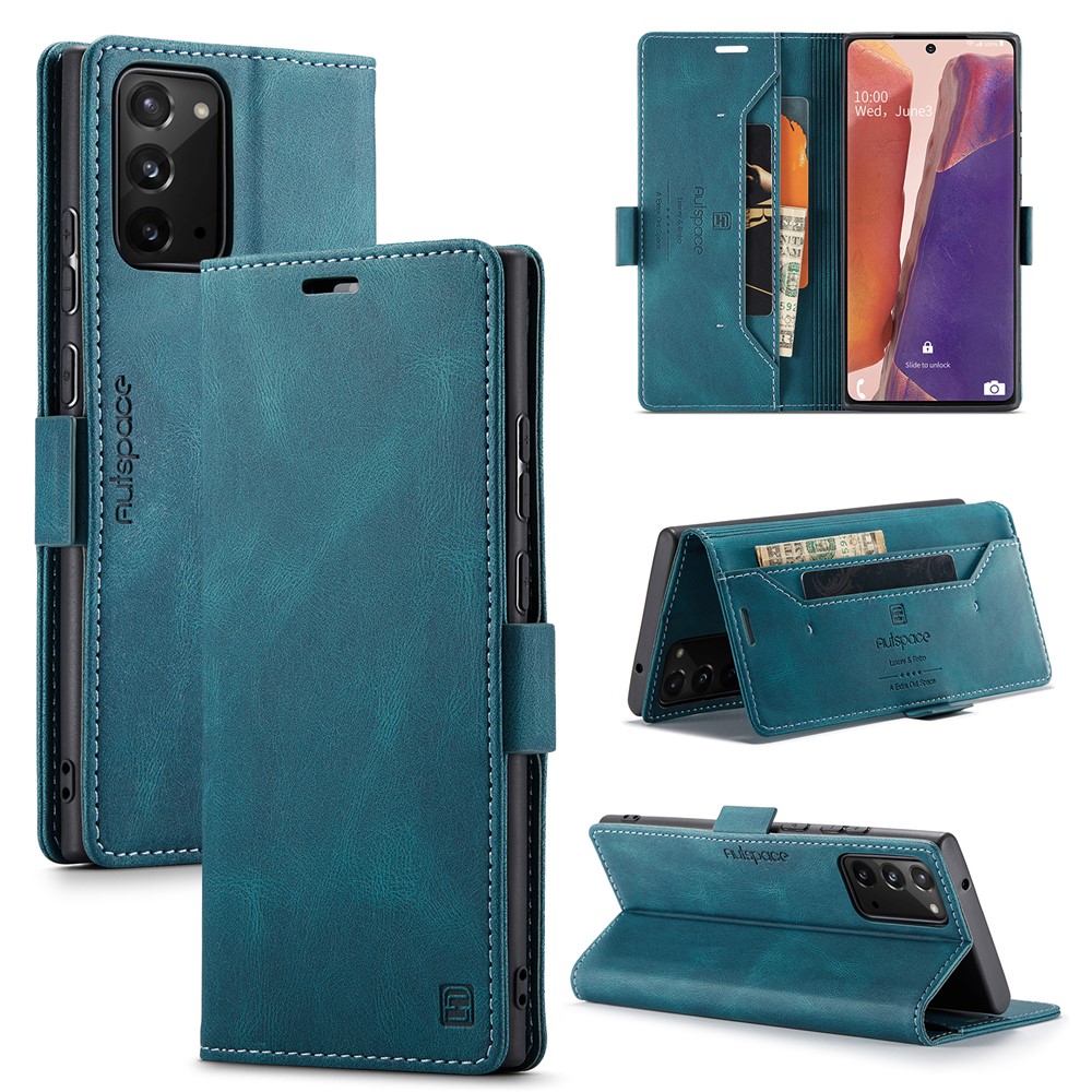 AUTSPACE For Samsung Galaxy Note20 Wallet Case  A01 Leather Stand Cover with RFID Blocking Card Holder - Blue