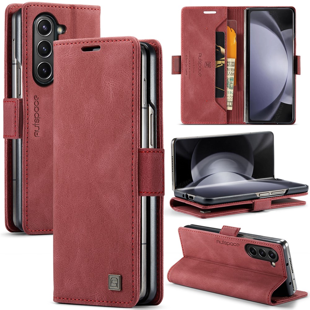 AUTSPACE For Samsung Galaxy Z Fold5 5G Wallet Case  A01 Leather Stand Cover with RFID Blocking Card Holder - Red