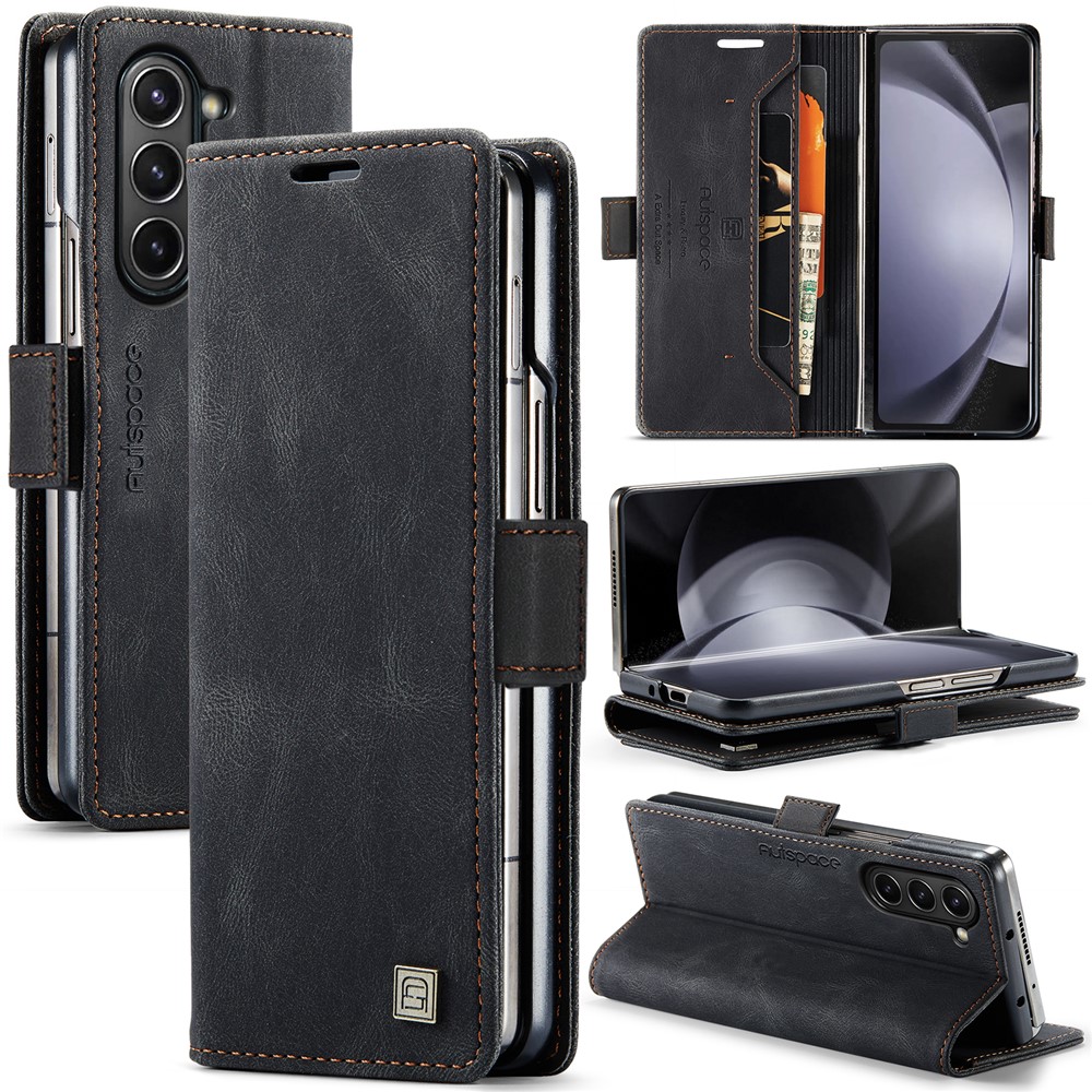 AUTSPACE For Samsung Galaxy Z Fold5 5G Wallet Case  A01 Leather Stand Cover with RFID Blocking Card Holder - Black