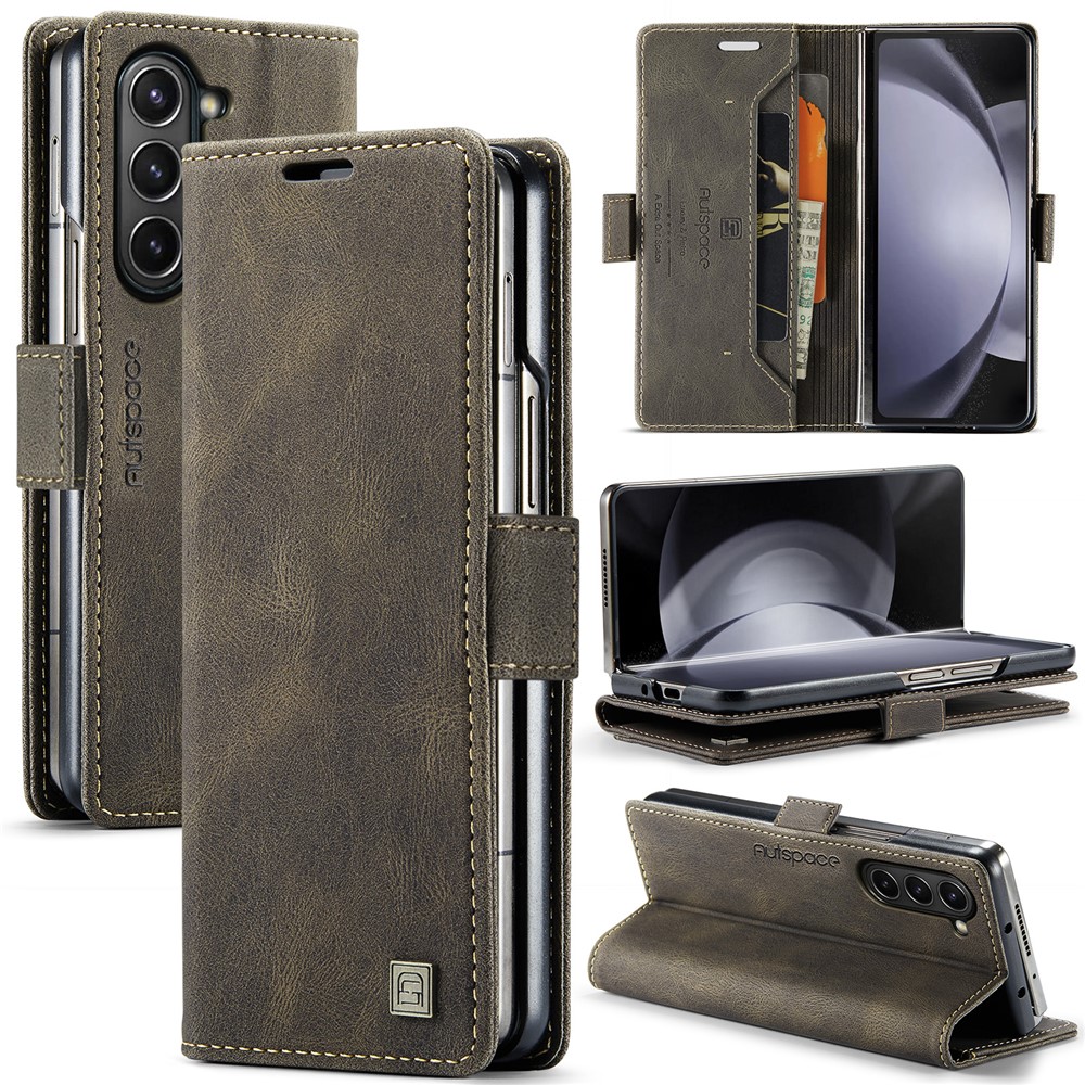 AUTSPACE For Samsung Galaxy Z Fold5 5G Wallet Case  A01 Leather Stand Cover with RFID Blocking Card Holder - Coffee