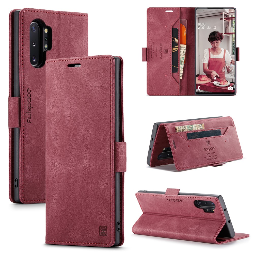 AUTSPACE For Samsung Galaxy Note 10 Plus 4G Wallet Case  A01 Leather Stand Cover with RFID Blocking Card Holder - Red