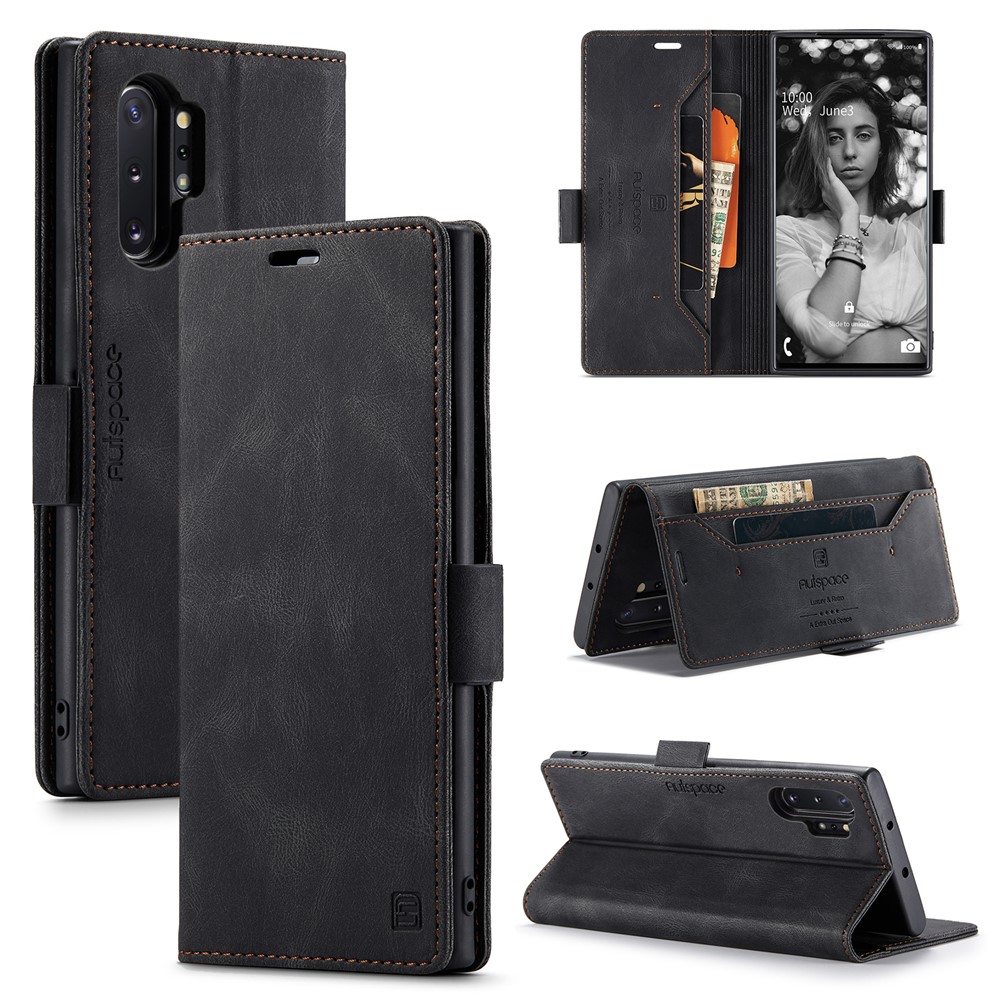 AUTSPACE For Samsung Galaxy Note 10 Plus 4G Wallet Case  A01 Leather Stand Cover with RFID Blocking Card Holder - Black
